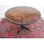 A George III figured elm birdcage tripod table with carved paw feet, 26 3/4" diameter.