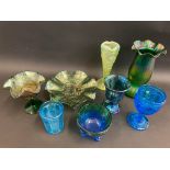 A selection of assorted colour carnival glass, vaseline glass etc.