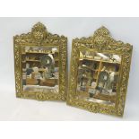 A pair of polished brass framed easel mirrors with decorative part pierced frames, 10 x 14 1/2".