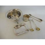 A silver sugar bowl, a small silver ashtray, a pair of early silver salt spoons etc.