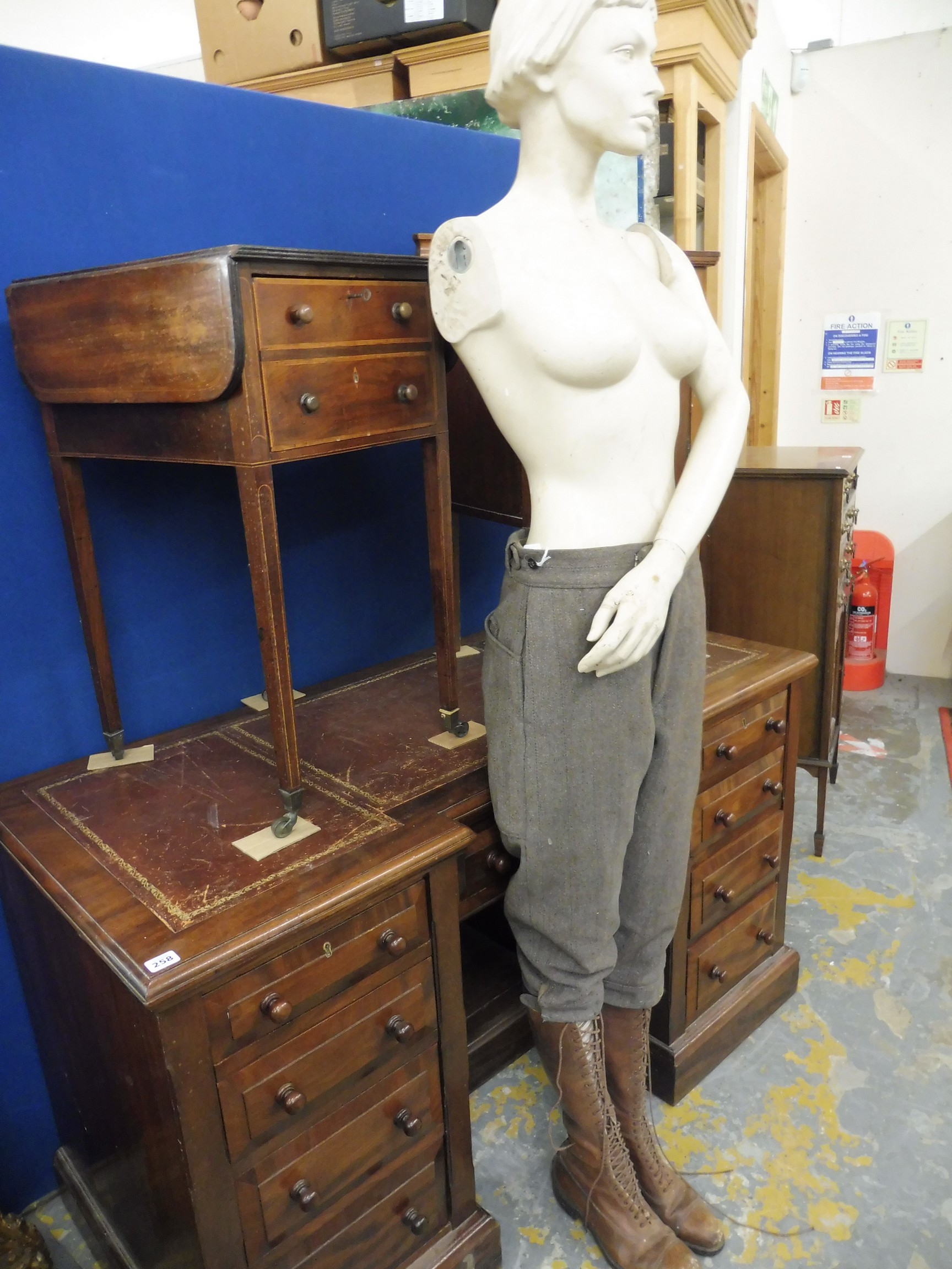 A one-armed female mannequin clothed from the waist down including tall brown leather lace up boots. - Image 3 of 3