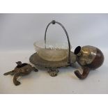 A good quality silver plated and glass bon bon dish, an ashtray in the form of a frog and a white