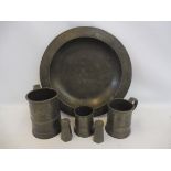 Three early pewter tankards, engraved 'James Penfold Pulborough', quart pint and half pint, plus a