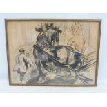 An unusual framed and glazed pastel/charcoal sketch of horses, in the manner of a war time scene, 25