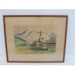 A mid 20th Century framed and glazed watercolour of snow capped mountains, possibly Switzerland,