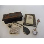 A small photograph frame, a silver mounted 'Pins' lidded box, various white metal items etc.