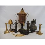 A box of mixed collectables to include a copper samovar, a pair of 19th Century bell metal