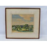 A framed and glazed watercolour of a rural landscape, titled 'The Eden Valley, Lyons..?' 17 3/4 x 16