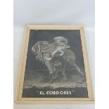 An unusual framed and glazed well detailed pencil study of a bull and tamer, titled 'El Cordobes',