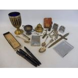 A tray of mixed collectables to include silver spoons, fountain pens etc.