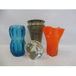 A studio pottery flared vase with slip glaze design plus three pieces of glassware.