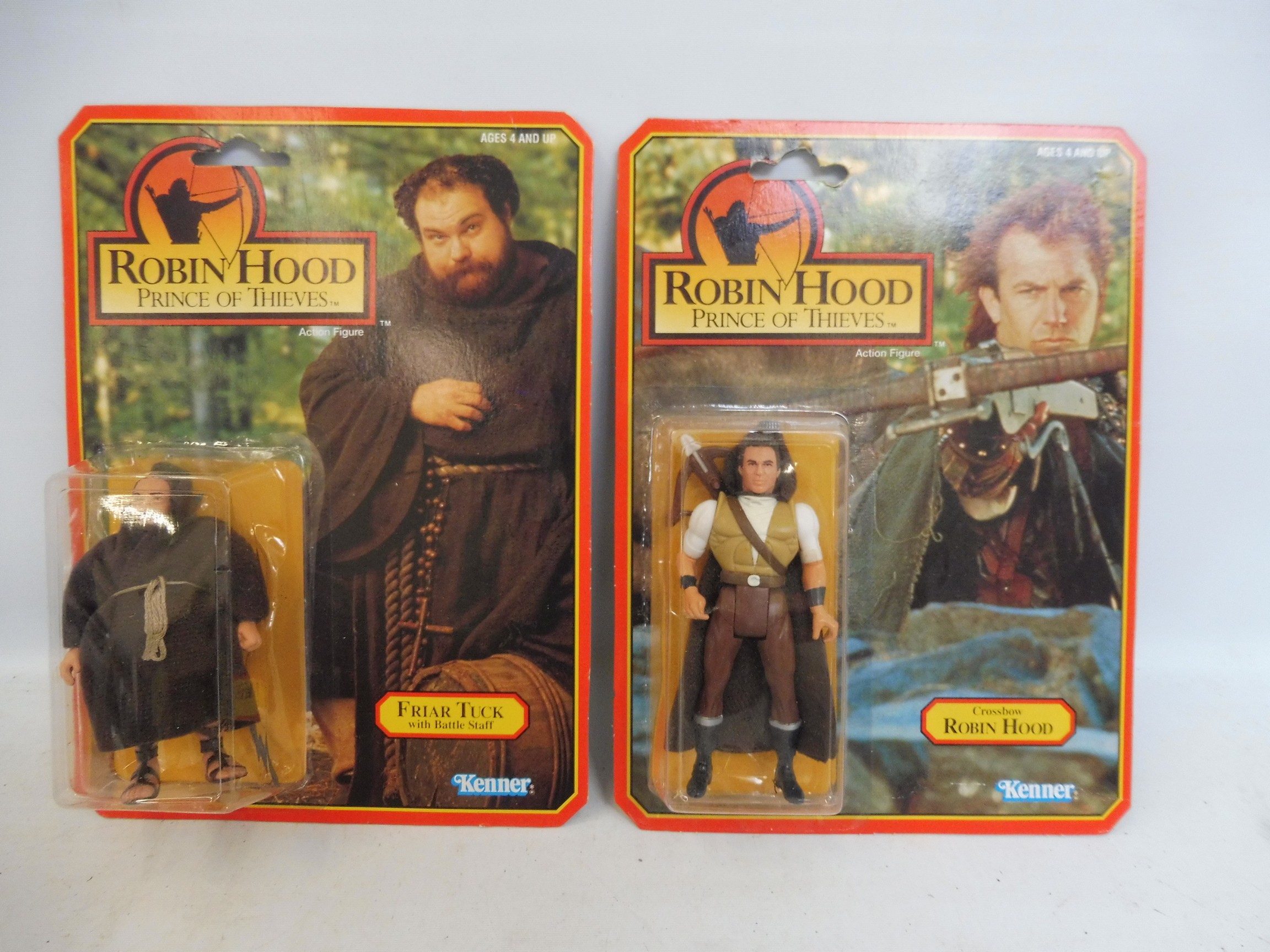 Two Kenner Robin Price of Thieves carded figures, Robin Hood and Friar Tuck.