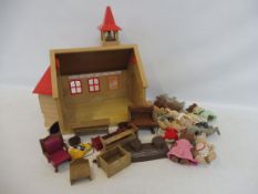 A Sylvanian Family School set with accessories plus 12 Sylvanian animal figures, many unclothed, all