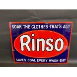 A Rinso 'soak the clothes - that's all!' rectangular enamel sign with good gloss, 24 x 18".
