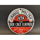 A small 'Unique Polish for Box Calf Leather', manufactured by Day & Martin Ltd circular enamel