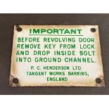 A small enamel plaque - 'Important For Revolving Door Remove key...', 4 x 3".