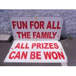 Two 1980s fairground signs, with great fun phrases on both, 48 x 24".