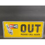 A new old stock Champion spark plugs 'Out please call again' aluminium advertising sign, 23 x 10".