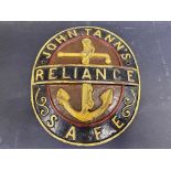 A John Tann's Reliance safe plaque advertising sign, 8 x 9".