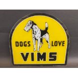 A 'Dogs Love Vim' glass advertising panel with an image of a dog to the centre, 11 x 10".