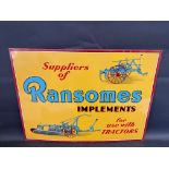A good Ransomes Implements 'for use with tractors' pictorial tin advertising sign by Reginald