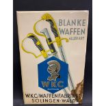 A German pictorial celluloid hanging sign advertising Blanke Waffen Aller Art, 12 3/4 x 18 3/4".
