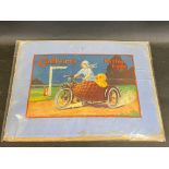 A Cadbury's Easter Eggs pictorial advertisement depicting a lady sat on a pre-war motorcycle
