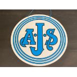 A circular perspex garage showroom hanging sign advertising AJS, 17 3/4" diameter.