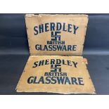 Two Sherley British Glassware advertising box cardboard signs, each 20 x 15".