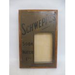 An original Schweppes brass fronted sign for Soda, water etc. possibly the front from a dispensing