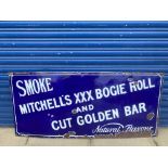 A large enamel sign advertising Mitchell's XXX Bogie Roll and Cut Golden Bar, W. McGeoch & Co.