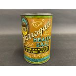 A Harrogate Health Salt cylindrical tin of bright colour.