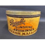 A shop counter circular dispensing tin with glass lid, advertising Pascall Sunshine Chocolate