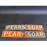 Two Pears Soap enamel strip signs, each 18 1/2 x 2 3/4".