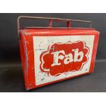 A painted metal cooler box, decorated with the word 'FAB' on either side, 17" w x 13" h x 7 1/2" d.