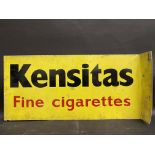 A Kensitas Fine Cigarettes double sided tin advertising sign with hanging flange, 19 x 9".