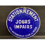 A French blue and white circular enamel parking sign, 28" diameter.