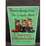 A Cherry Blossom Shoe Polish pictorial tin advertising sign depicting three kittens sat in boots, 17