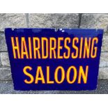 A rectangular enamel sign advertising 'Hairdressing Saloon', superb gloss, 29 x 21".