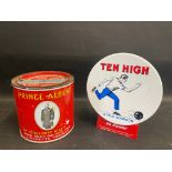 A Ten High Bourbon counter top/bar mounted advertising stand, plus a Prince Albert tobacco tin.