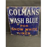 A large Colman's Wash Blue enamel sign bearing the words 'for snow white linen', 38 x 36".