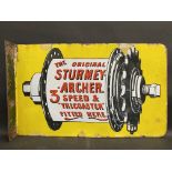 A Sturmey Archer '3 Speed & Tricoaster' pictorial double sided enamel sign with hanging flange, by