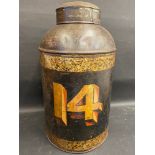 A large 19th Century toleware tea or spice canister, bearing the no. 14 to the front, 17" h.