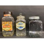 Two Brown Bros. sweet jars with labels plus a square jar bearing the words 'Purveyors of Fine