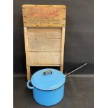 A pale blue enamel 'Judge'ware saucepan, plus a washboard.