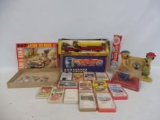 An interesting box of mixed toys to include a Corgi Major American fire engine, a quantity of Top