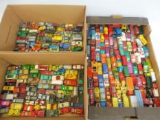 A large quantity of playworn Matchbox, Lesney etc in three trays.