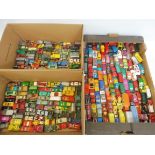 A large quantity of playworn Matchbox, Lesney etc in three trays.