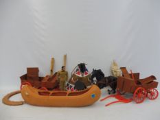Assorted lone ranger accessories to include carriages, horse, tepee, canoo etc.