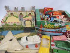 Two boxes of mixed era toys to include a partial Thunderbird 2, plastic Concorde, tinplate robot